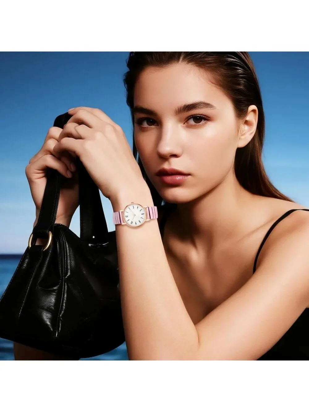 Women's Pink Analog Quartz Elastic Strap Arabic Numerals Waterproof Wrist Watch